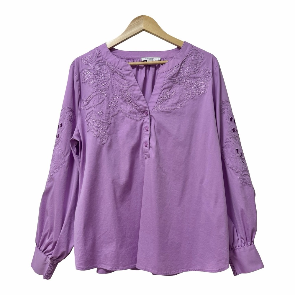 Chicos Womens Embroidered Floral Cutout Popover Blouse Size 3 US 16 Lavender Top